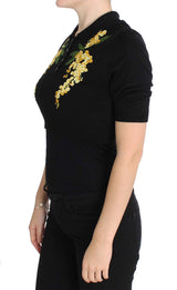 Top de polo floral de seda negra elegante