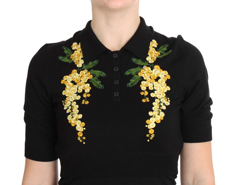 Κομψό μαύρο μεταξωτό Floral Polo Top