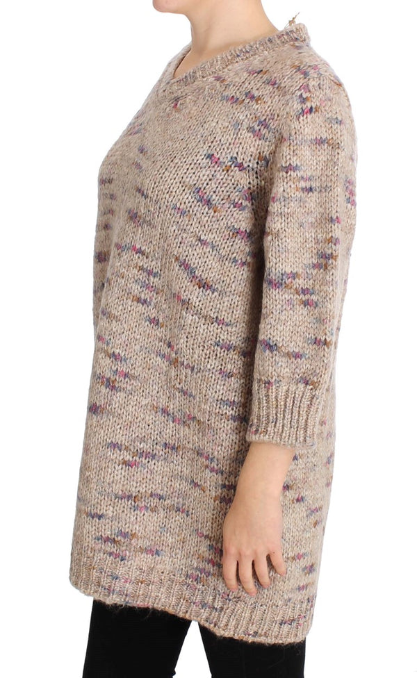 Beige übergroßer V-Ausschnitt-Strickpullover