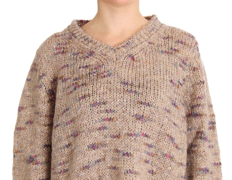 Pull en tricot à col en V beige surdimensionné