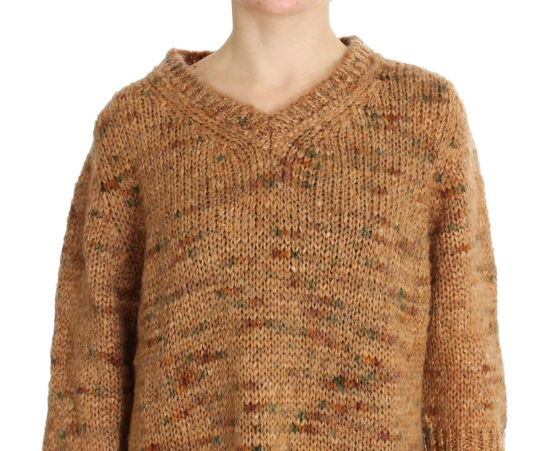 Chic Brown übergroße Strickpullover mit V-Ausschnitt