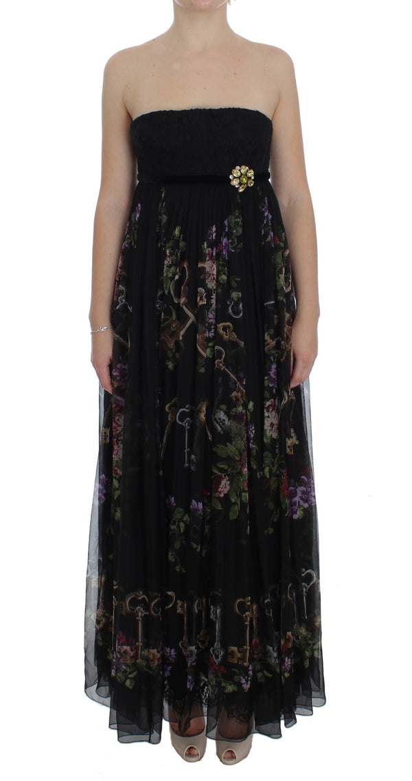 Multicolor Rose & Key Print Maxi -Kleid mit Kristall