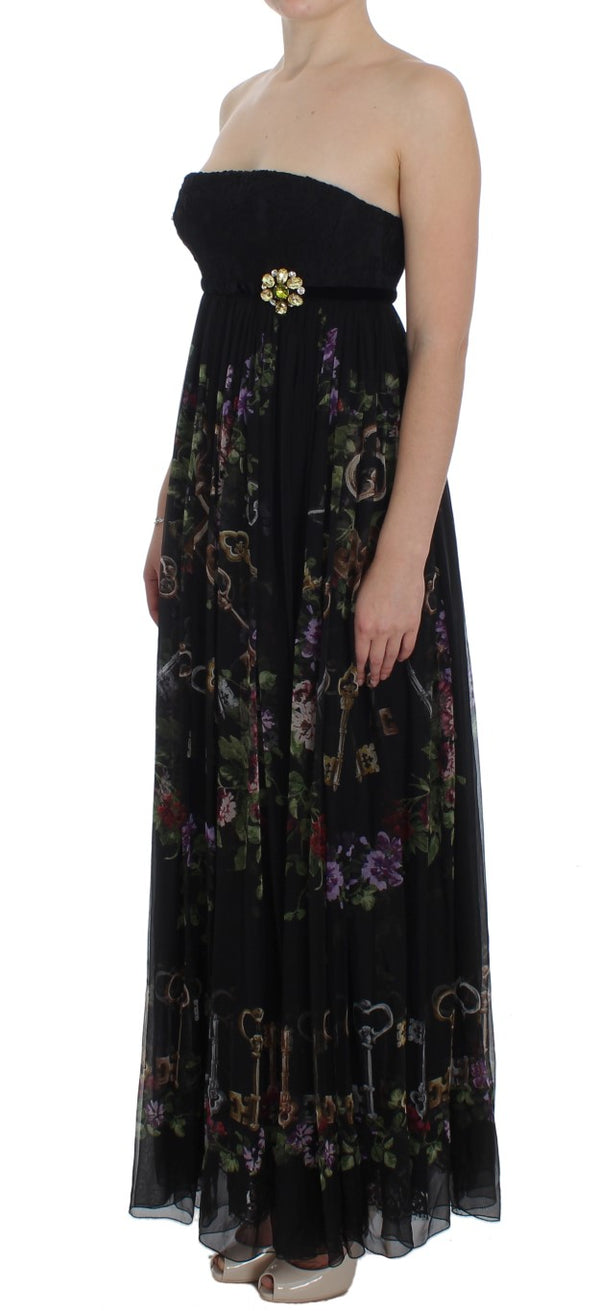 Multicolor Rose & Key Print Maxi -Kleid mit Kristall