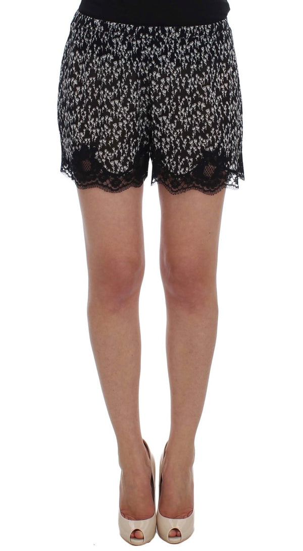 Shorts de soie en dentelle florale noir et blanc élégant