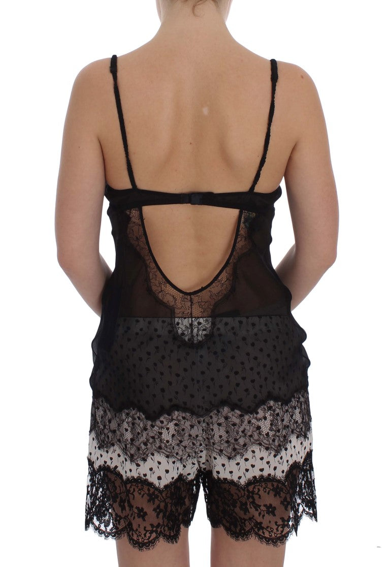 Elegante schwarze Seidenspitze Dessous Chemise