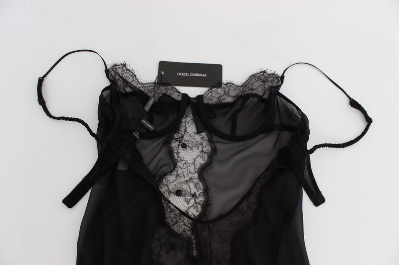 Elegante schwarze Seidenspitze Dessous Chemise