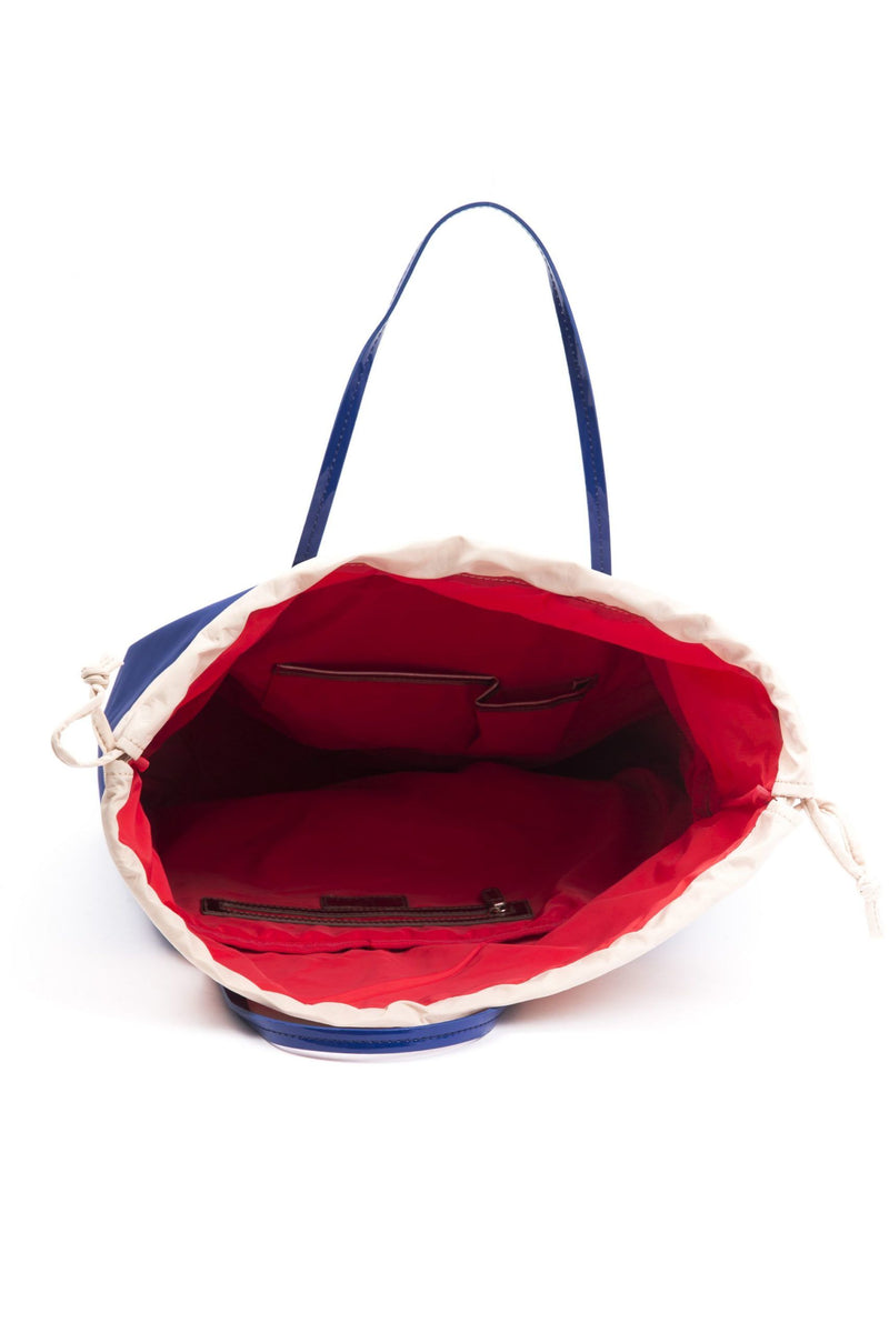 Chic bleu tissu shopper fourre-tout avec des accents de brevet