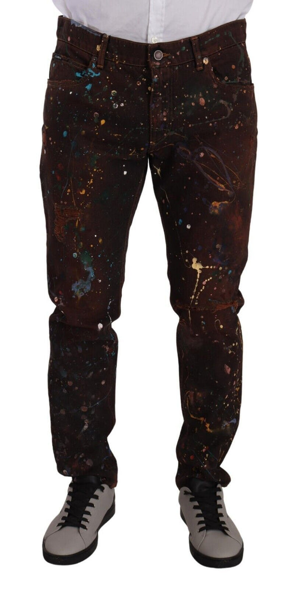 Eleganti jeans in denim dipinti multicolori