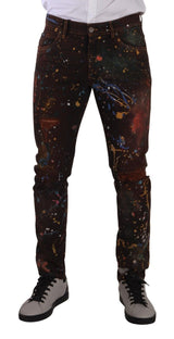 Jeans in denim magri dipinti multicolore