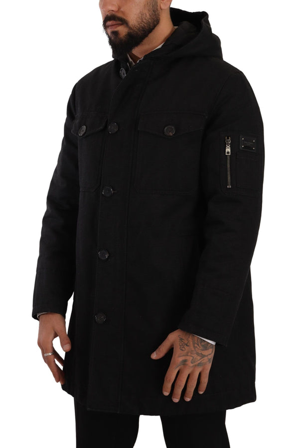 Elegant Black Parka Hooded Veste