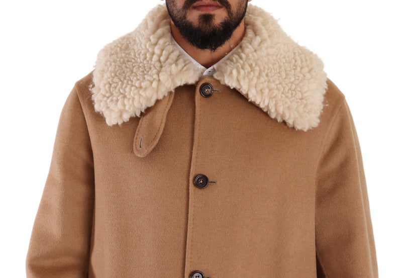 Opulent Beige Shearling-Collar Overcoat