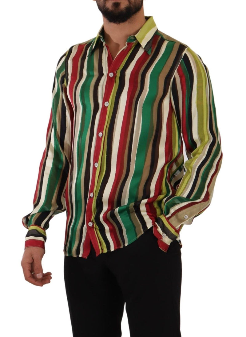 Elegante camisa de mezcla de seda a rayas multicolor