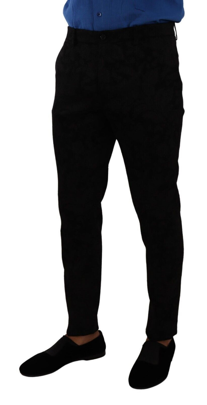 Elegant Slim Fit Dress Pants in Black Brocade