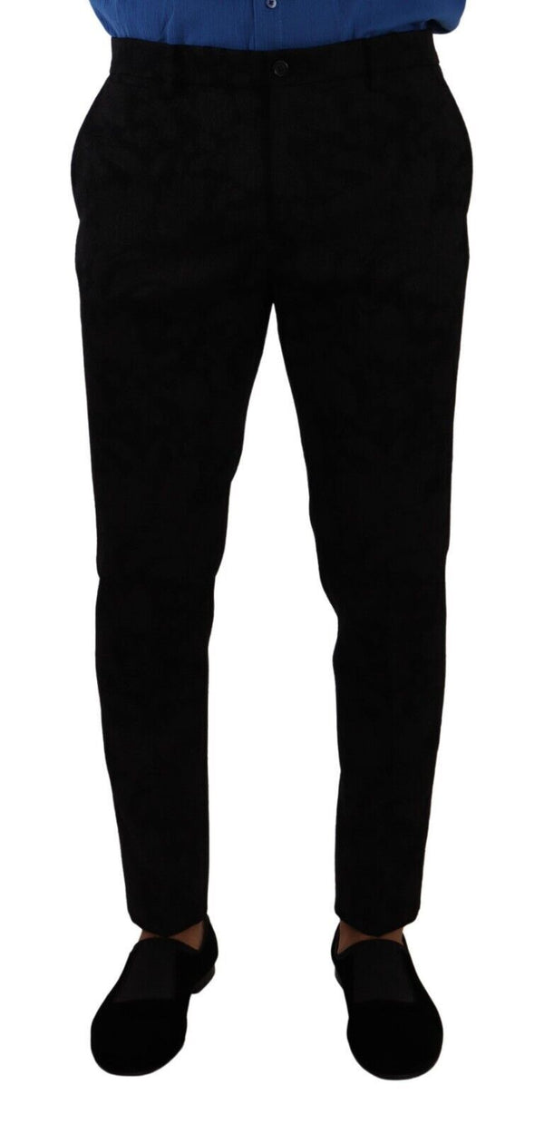 Eleganti pantaloni abiti in forma slim in broccato nero