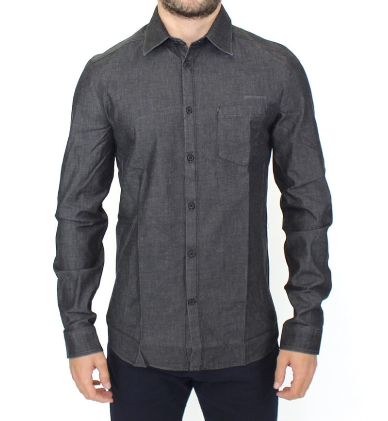 Elegant Grey Stretch Denim Casual Shirt