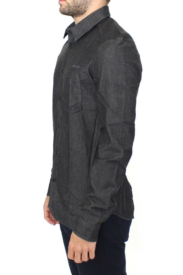 Elegante camisa casual de mezclilla gris estirable