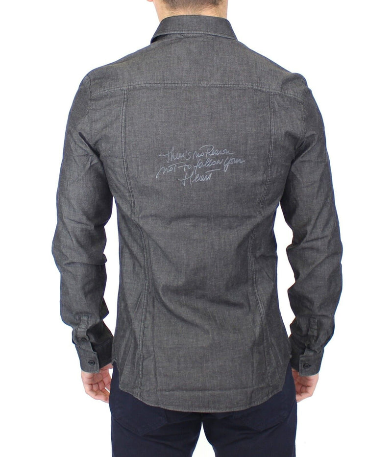 Elegant Grey Stretch Denim Casual Shirt