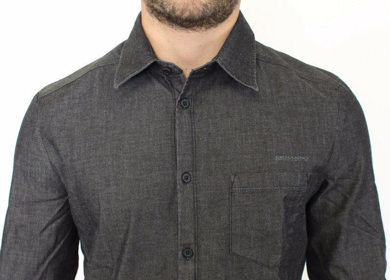 Elegant Grey Stretch Denim Casual Shirt