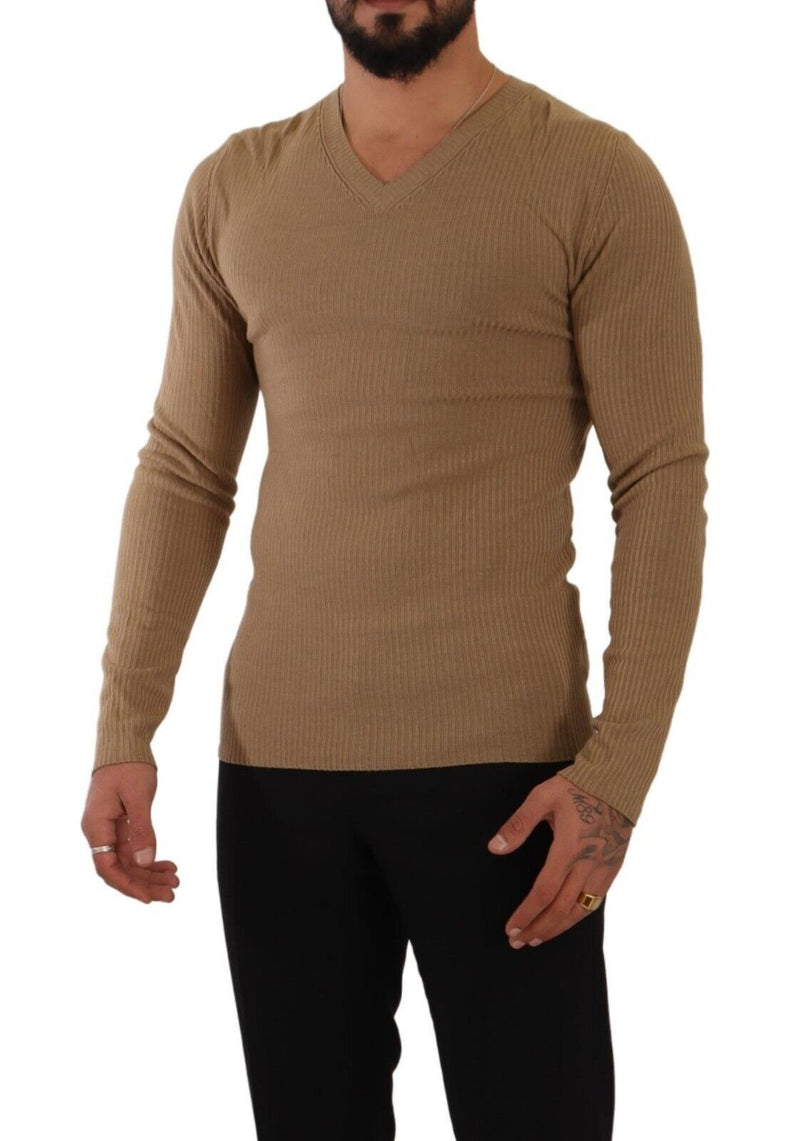 Classic V-Neck Wool Sweater in Brown