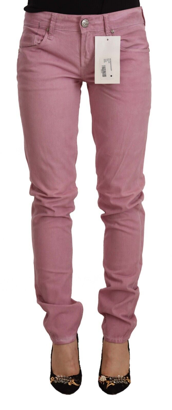 Elegantes jeans de mezclilla rosa delgada