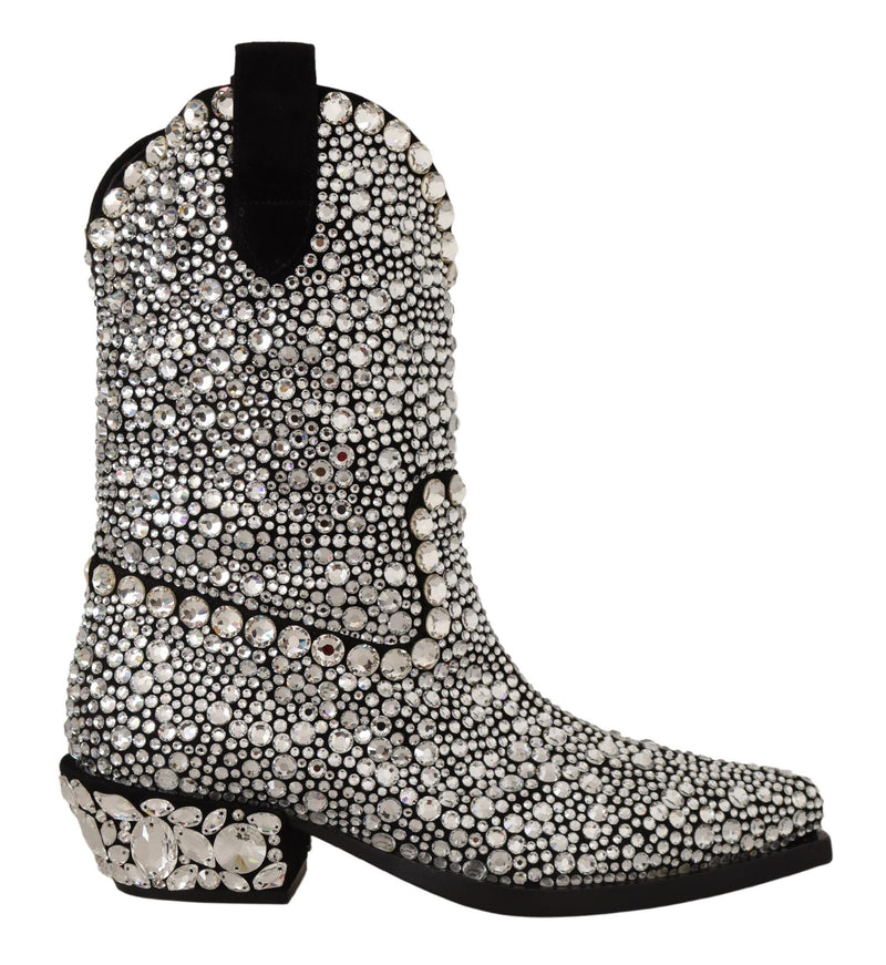 Crystal-Embellished Black Suede Boots