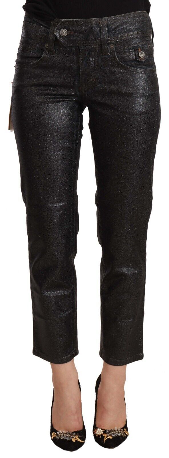 Pantalon cuit brillant noir chic