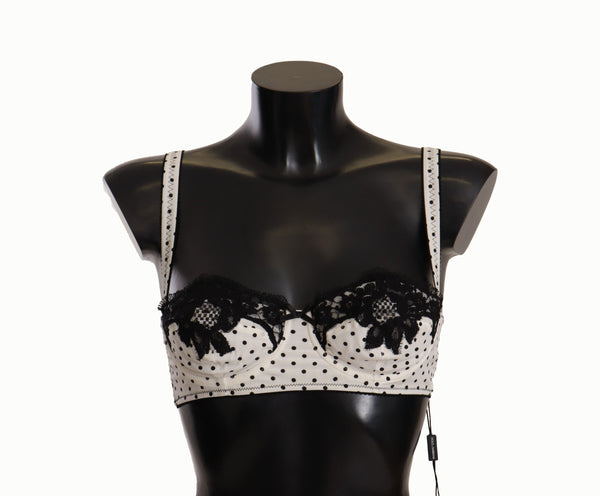 Elegante reggiseno di seta in pizzo bianco e pois