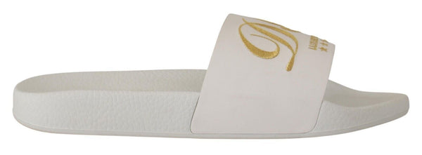 Chic White Leather Slides with Gold Embroidery