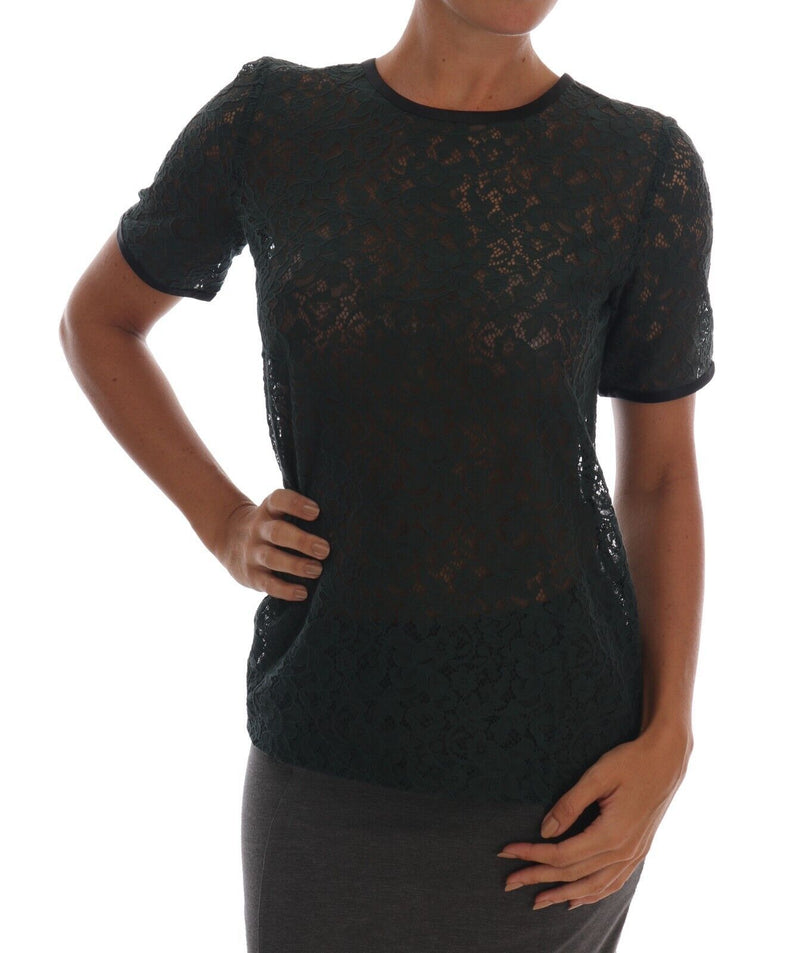 Blusa de manga corta de encaje floral verde oscuro