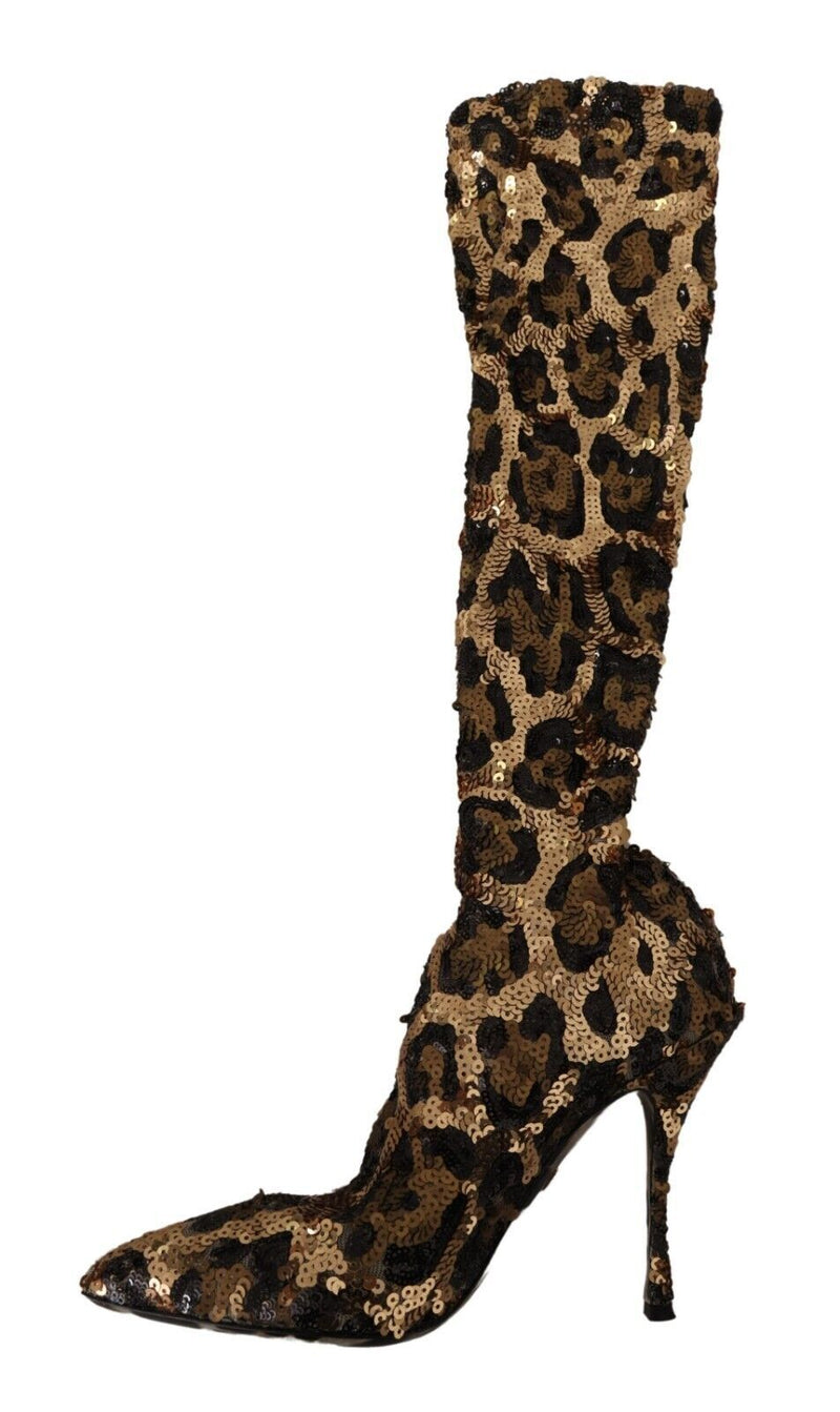 Elegantes botas de lentejuelas de leopardo hasta la rodilla