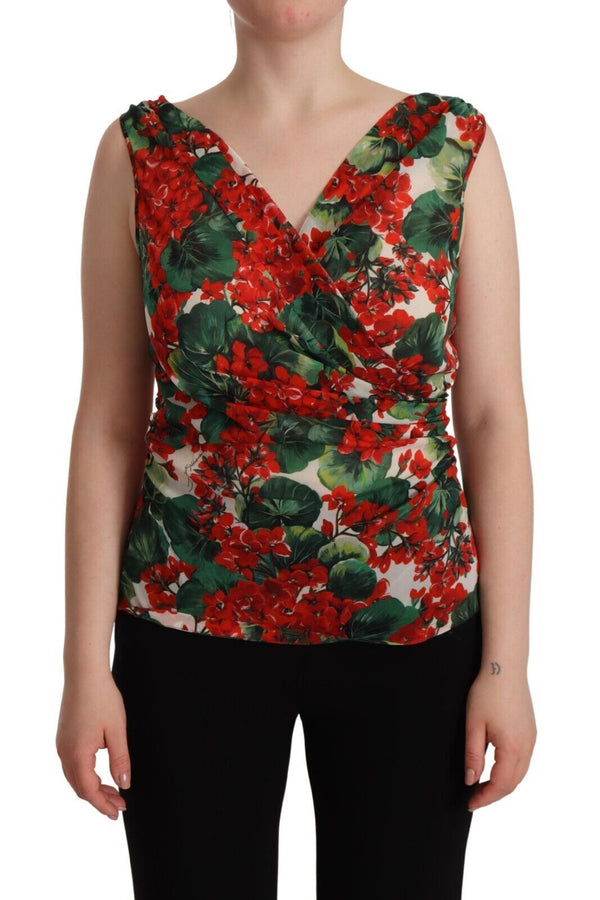 Elegant V-Ausschnitt Geranium Print Silk Tank Top