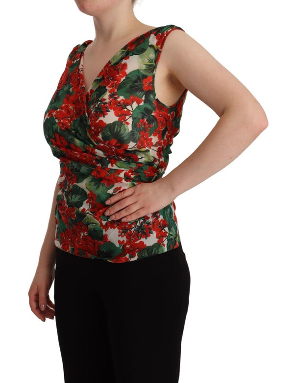 Elegant V-Ausschnitt Geranium Print Silk Tank Top