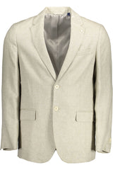 Beige Leinen klassische Jacke mit Logo