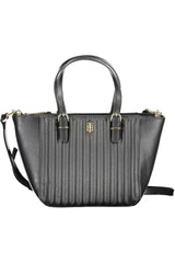 Chic Black Polyurethane Handbag with Contrasting Details