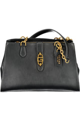 Chic Black Polyurethane Satchel with Contrasting Details