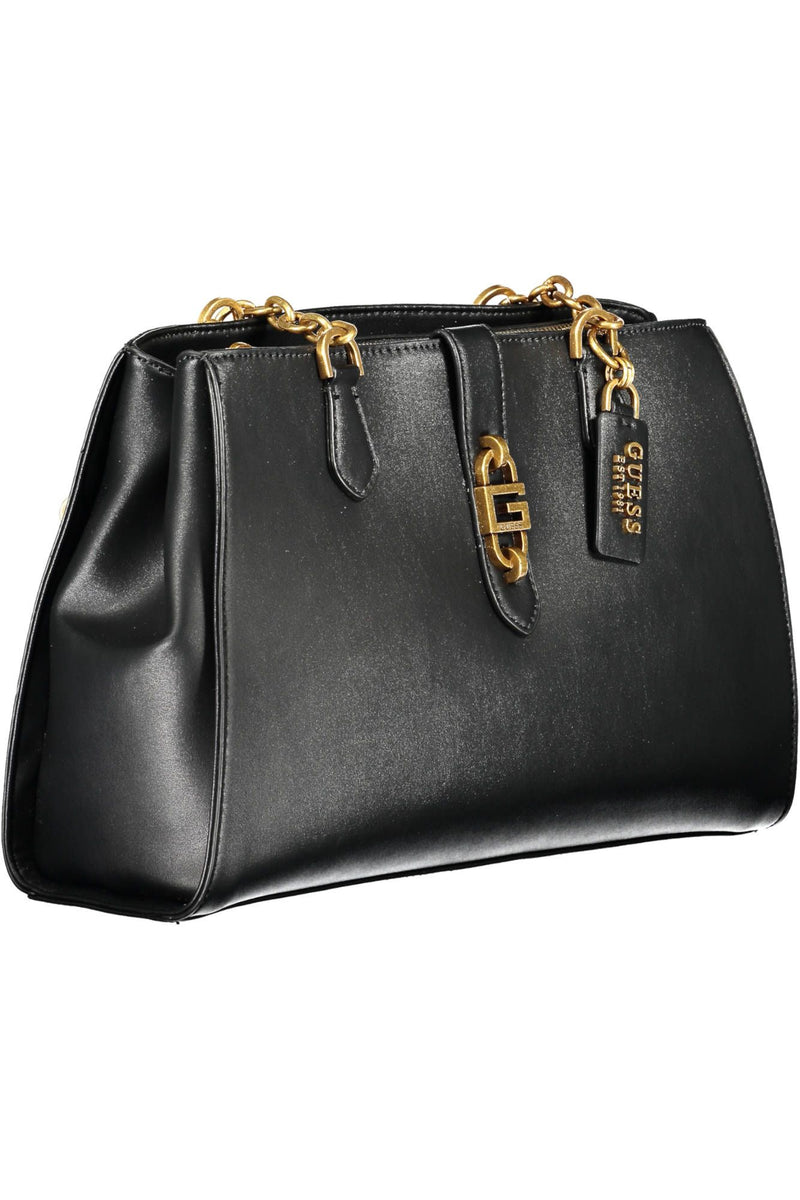 Chic Black Polyurethane Satchel με λεπτομέρειες αντίθεσης