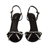 Elegante schwarze Viskose -Knöchelgurt Sandalen mit Kristallen