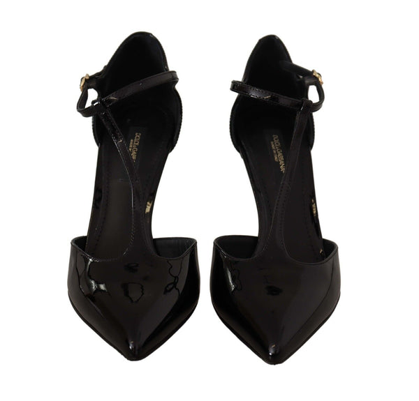 Elegante schwarze Leder-T-Strap-Absätze Sandalen