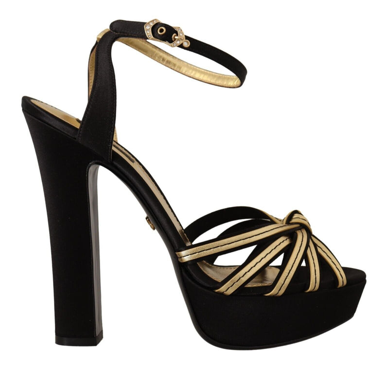 Elegantes sandalias de tacones de correa de tobillo de oro negro