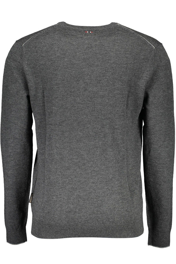 Eleganter grauer Wollpullover mit gestickten Logo