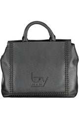 Elegante bolso negro de dos mangos con detalles contrastantes