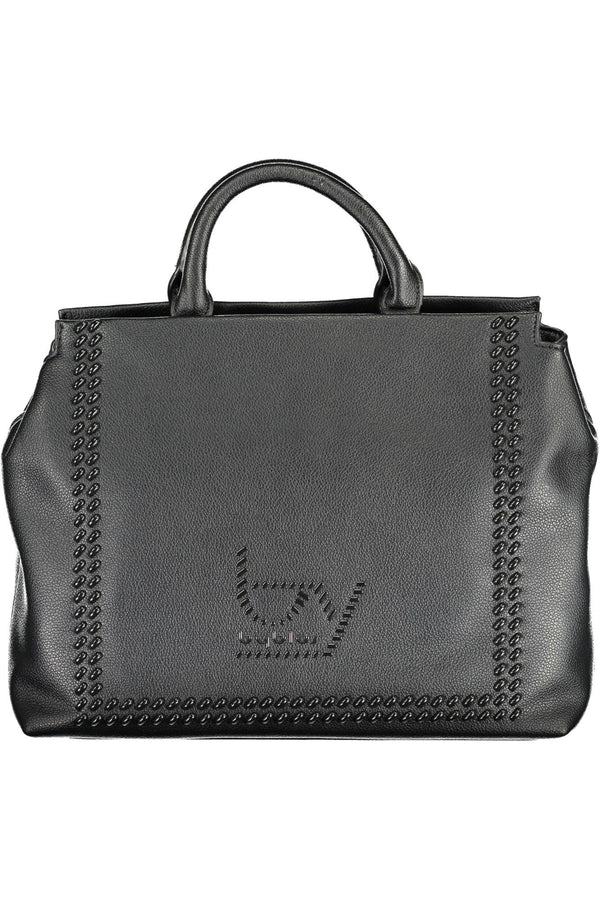 Elegante schwarze Handtasche mit zwei Griffeln mit kontrastierenden Details