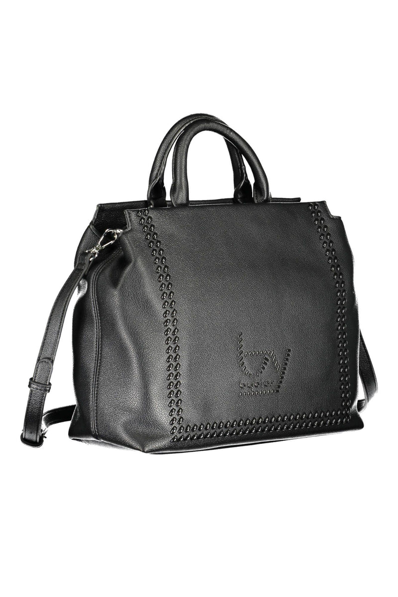 Elegante bolso negro de dos mangos con detalles contrastantes