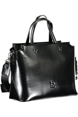 Elegante schwarze Tasche mit zwei Greifen mit kontrastierenden Details