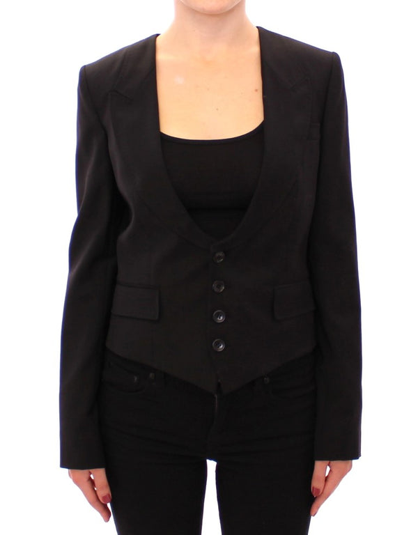 Elegante blazer negro de mezcla de seda con detalles de bufanda