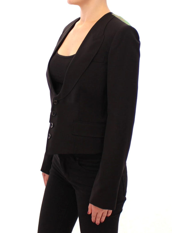 Elegante blazer negro de mezcla de seda con detalles de bufanda