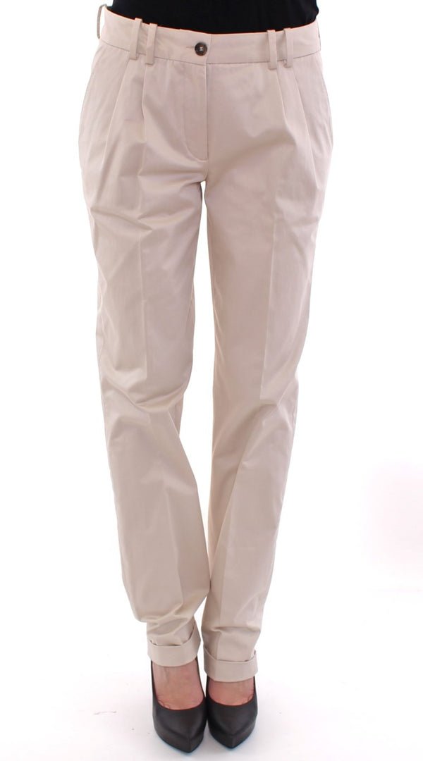 Elegante beige pantalones de algodón de ajuste regular