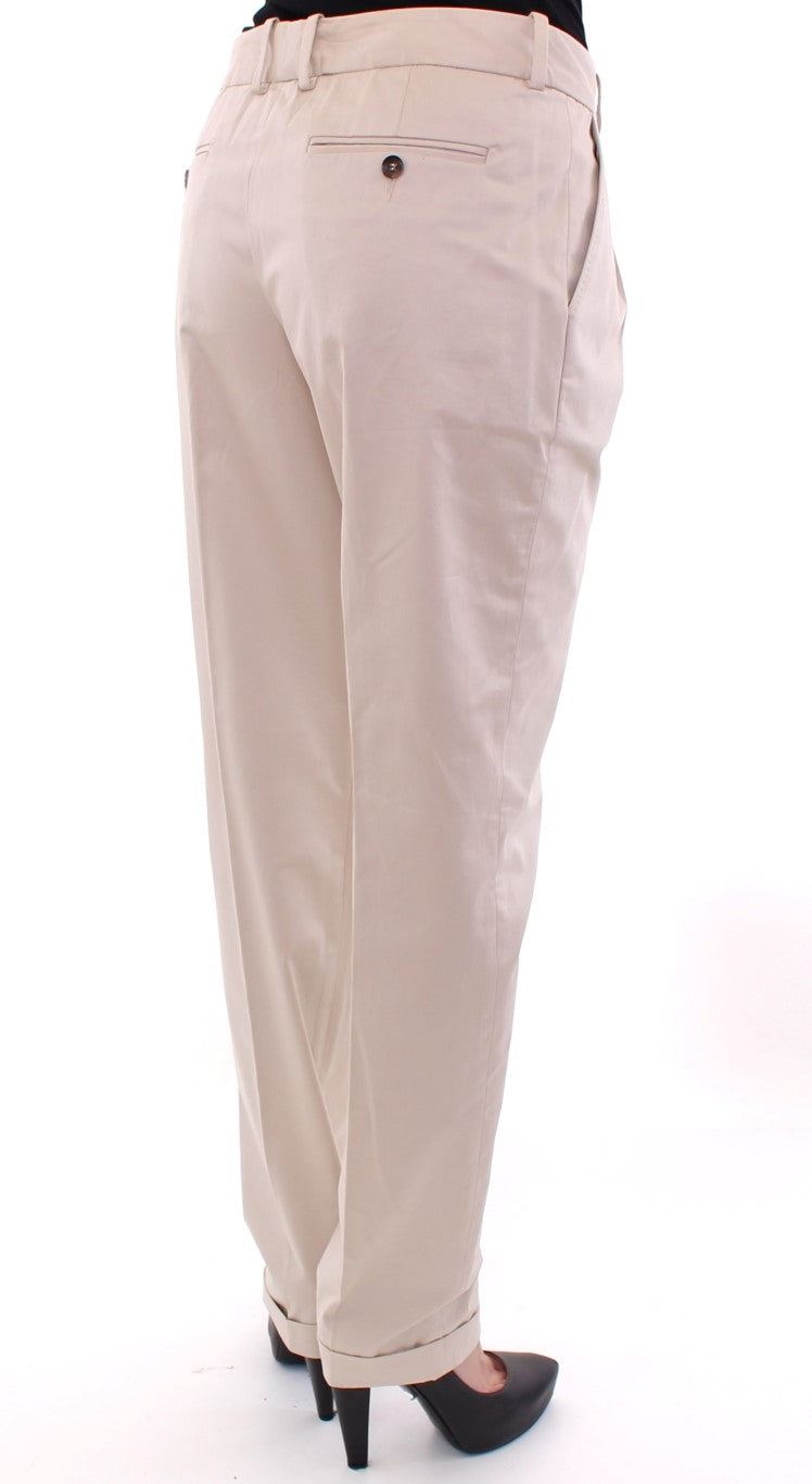 Elegante beige pantalones de algodón de ajuste regular