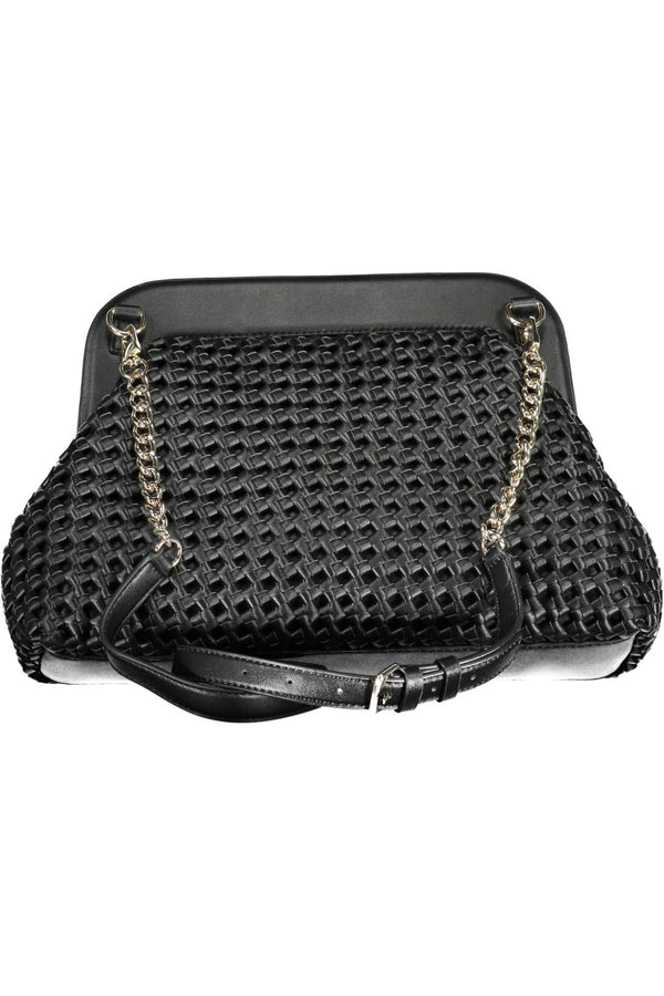 Chic Black Polyurethane Satchel con dettaglio del logo