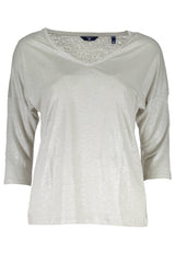 Elegant Gray V-Neck Sweater with 3/4 Sleeves